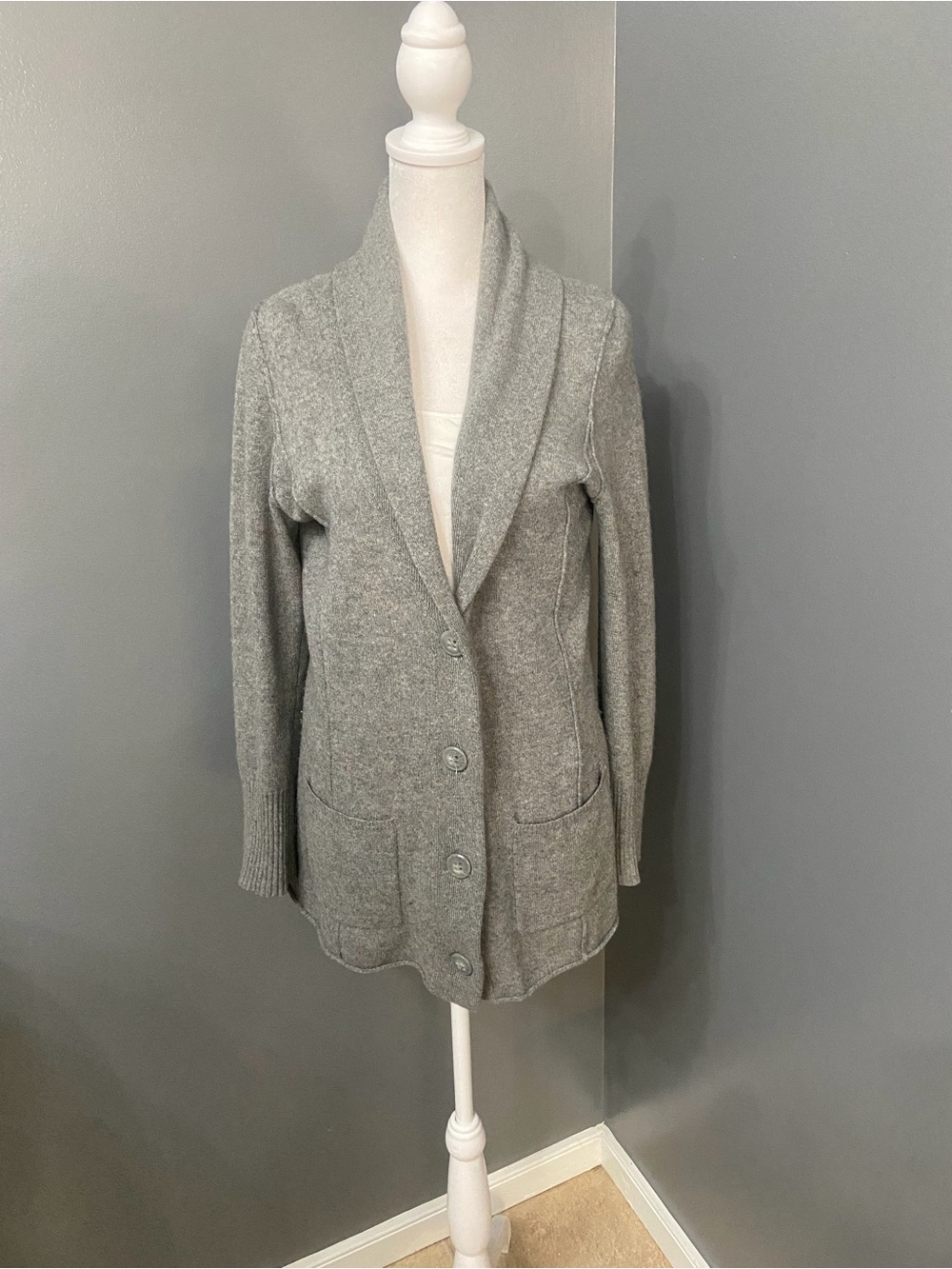 CYNTHIA ROWLEY Womens CASHMERE Gray Knit Shawl Collar Button Cardigan Pockets M